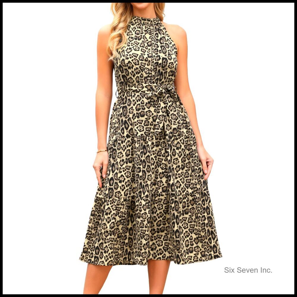 Halter Dress Tiered Belt Waisted A-Line Flowy Cocktail Midi Long
